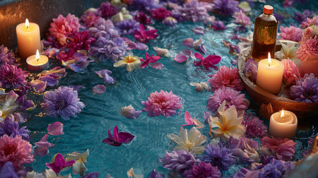 Relaxing spa bath featuring colorful flowers, floating petals, and illuminated candlesの素材
