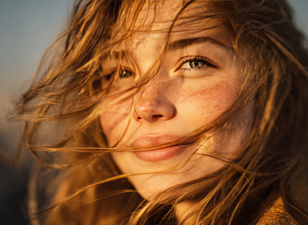 Woman's portrait with wind blowing hair and golden light on freckled skinの素材