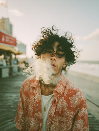 Young man with curly hair exhaling smoke while standing on a boardwalk near the oceanの素材