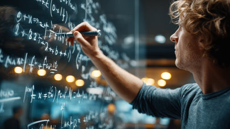 Intelligent man solving math problems and physics theory on a clear panelの素材