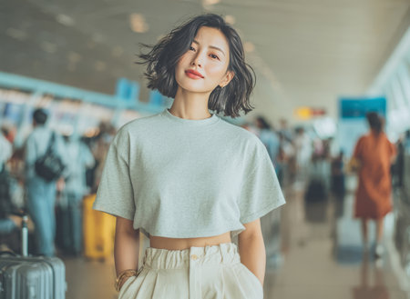Young asian woman traveling, standing confidently in an airport terminalの素材