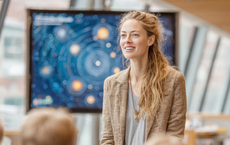 Woman standing in classroom presenting scientific lecture on universe conceptsの素材
