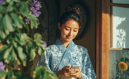 Young asian woman smiling, interacting with cellphone, blending tradition and technologyの素材