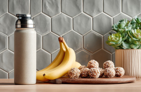 Energy balls with bananas and a reusable water bottle on a kitchen counter, emphasizing wellnessの素材