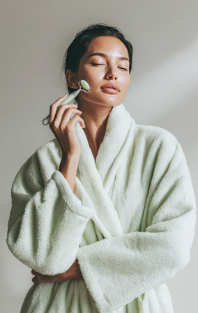 Woman in bathrobe applying jade roller on her face for beauty and self careの素材