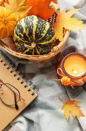 Decorative pumpkins, glowing candle, and notebook on a cozy plaid blanket evoke autumn comfortの写真素材