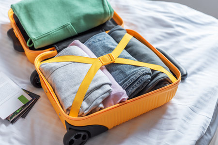 Suitcase filled with folded clothes and personal items for an upcoming vacationの写真素材