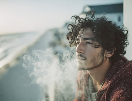 Thoughtful man with curly hair blowing smoke, looking out over a winter beachの素材
