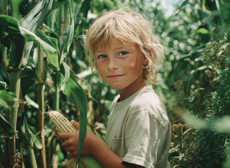 Freckled child holding an ear of corn in a green outdoor cornfieldの素材