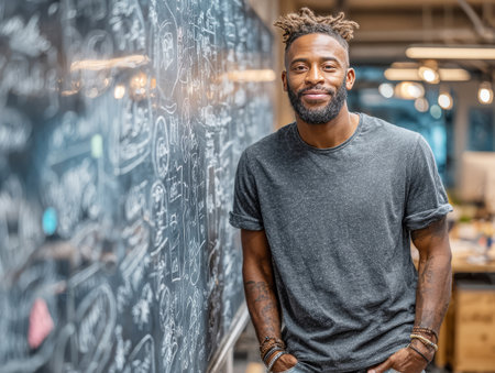 Smiling young man standing in modern office next to a chalkboard full of doodles and ideasの素材