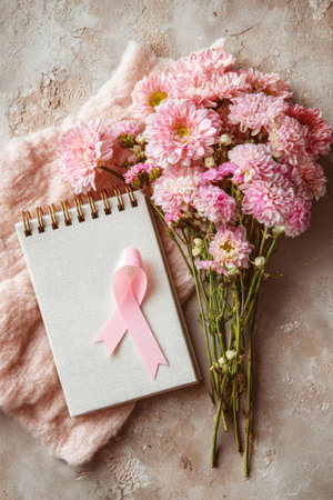 Pink ribbon on a notepad with a bouquet of chrysanthemums for breast cancer awarenessの素材