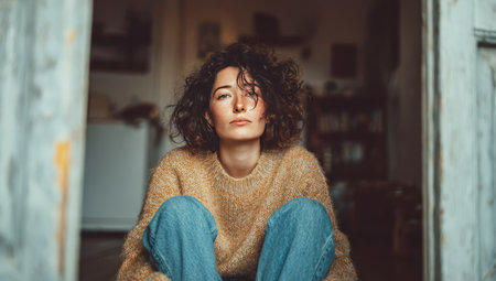 Young woman with curly hair and freckles sitting on the floor looking thoughtfulの素材