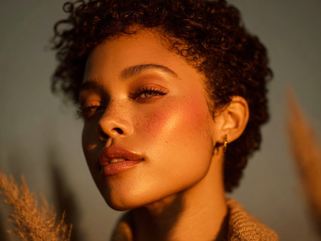 Woman feeling serene and natural, illuminated by warm golden hour lightの素材