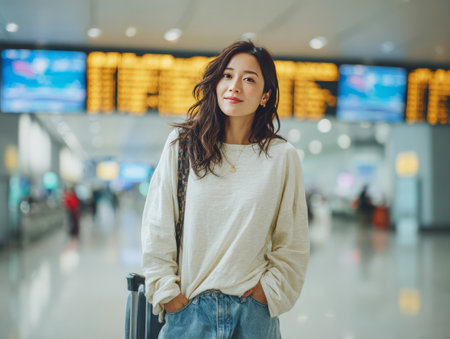 Young woman smiling, standing in airport with departure board in backgroundの素材