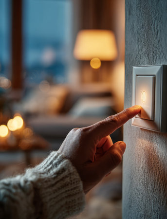 Person's finger pressing an illuminated light switch to control indoor lighting at homeの素材