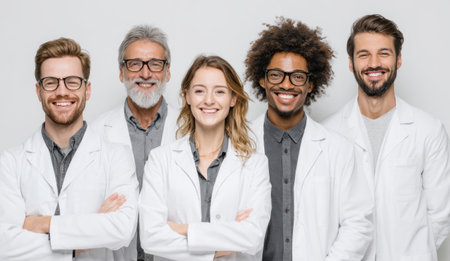 Smiling group of diverse doctors and scientists posing confidently in white coatsの素材