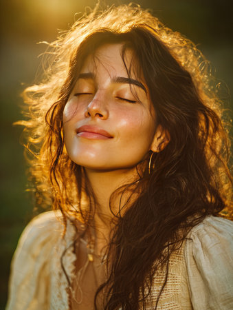 Woman feeling warmth of sunset light on face, symbolizing peace and nature connectionの素材