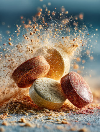 Pills exploding with supplement powder, representing potent vitamins and nutritionの素材
