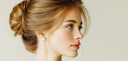 Beautiful woman showing a sophisticated hairstyle with a bun and a pearl earringの素材