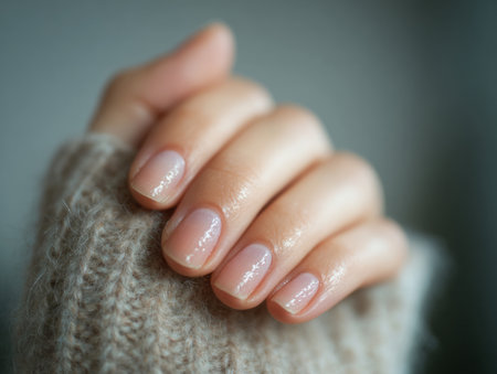 Woman's hand resting on a cozy sweater, displaying natural glossy nails from a manicureの素材