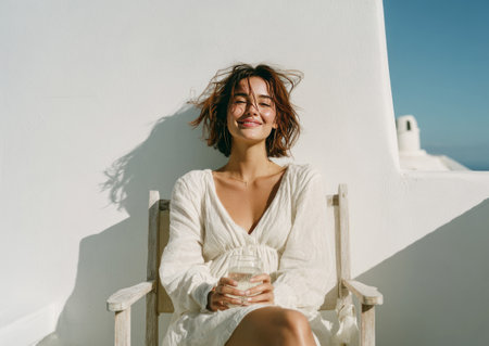 Woman in a white dress enjoying sunlight and relaxation while on vacationの素材