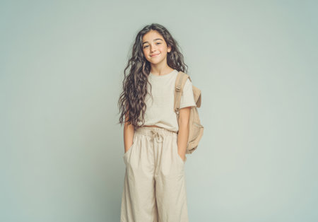 Young female student smiling, carrying backpack, and ready for educationの素材