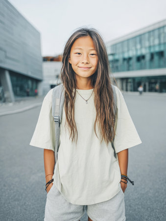 Asian girl smiling with backpack standing outdoors near buildingの素材