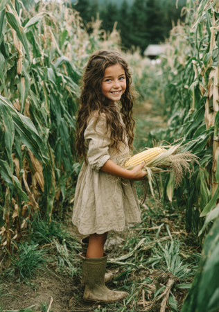 Happy little girl standing in a green corn field, holding a fresh corn cobの素材