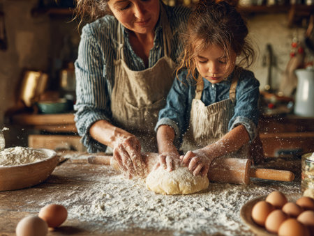 Mother and daughter kneading dough together on a floured wooden tableの素材