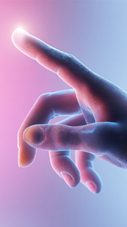 Digital hand with glowing finger interacting with a virtual network representing modern technologyの素材