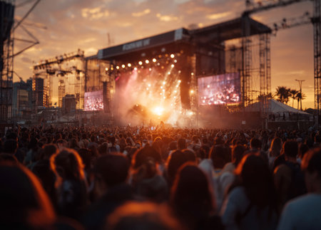 Crowd of people enjoying a music festival with stage lights and sunsetの素材