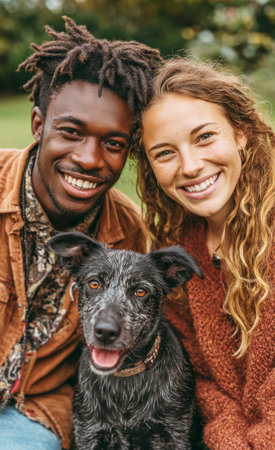 Diverse couple hugging their pet dog while smiling happily for a portrait outdoorsの素材