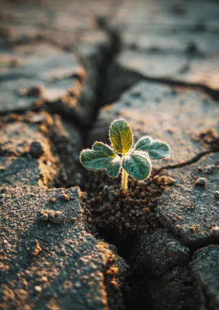 Green sprout growing strong in dry cracked earth, symbolizing resilience and new lifeの素材