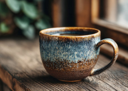 Ceramic mug filled with warm coffee sitting on a weathered wooden surface, creating a cozy atmosphereの素材