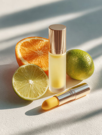 Skincare bottle and lip balm with fresh orange and lime on a textured surfaceの素材
