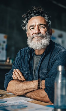 Confident mature man with curly hair and beard smiling while sitting at an office deskの素材