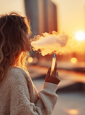 Woman exhaling vapor from a vape device backlit by the setting sun in an urban settingの素材