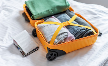 Suitcase filled with folded clothes and personal items for an upcoming vacationの写真素材