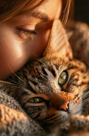 Woman embracing a cute tabby cat in a cozy moment of love and comfortの素材
