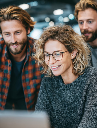Business team collaborating on a project and smiling at a laptop screen in the officeの素材