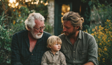 Family portrait showing grandfather, father, and son sharing a moment in a garden settingの素材