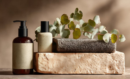 Skincare pump bottle, cosmetic jar, towel, and eucalyptus branch creating a spa displayの素材
