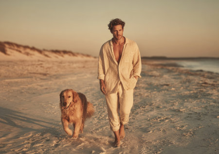 Man and his golden retriever enjoying a serene walk along the sandy beach during golden hourの素材