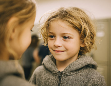 Little boy with blonde hair smiling while looking at a friendの素材