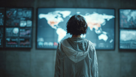 Woman standing in a control room viewing a world map with data on multiple screensの素材