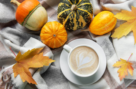 Cozy autumn scene with creamy coffee on a blanket surrounded by decorative gourds and fall leavesの写真素材