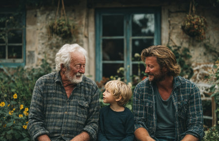 Grandfather, father, and son smiling together in front of a rustic houseの素材