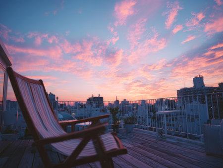 Deck chair sitting on a rooftop balcony with urban cityscape and colorful sunset skyの素材