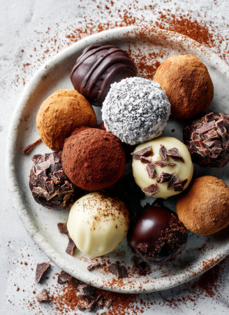 Delicious sweet chocolate truffles presenting various textures and toppingsの素材