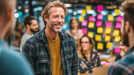 Smiling man standing, leading a creative team meeting in a modern office environmentの素材